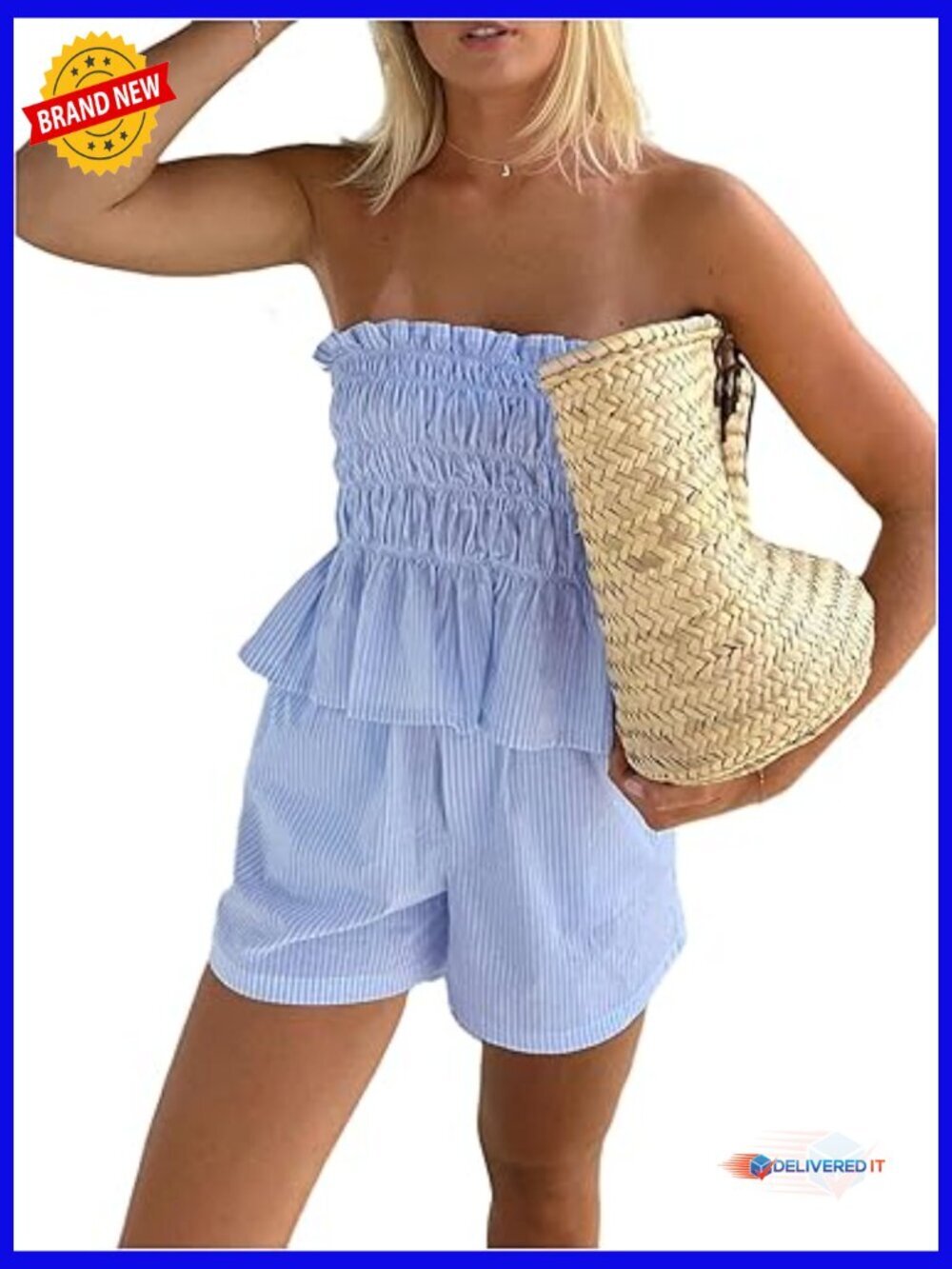 Striped Off Shoulder Crop Top & Shorts Set Smocked Waist 2 Piece Matching